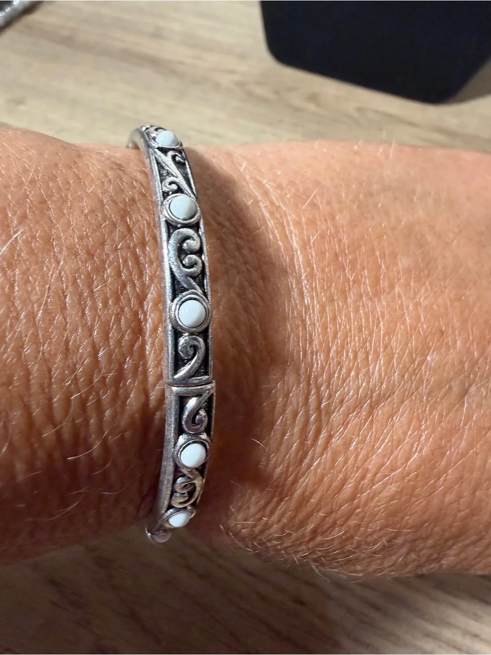 paparazzi Silver-Tone Scroll Bangle with White Accents